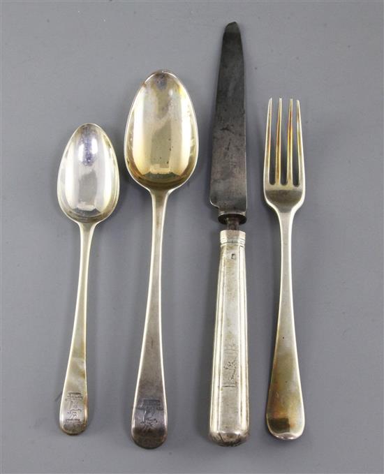 A part canteen of George III silver Old English pattern flatware, weighable silver 35.5 oz.